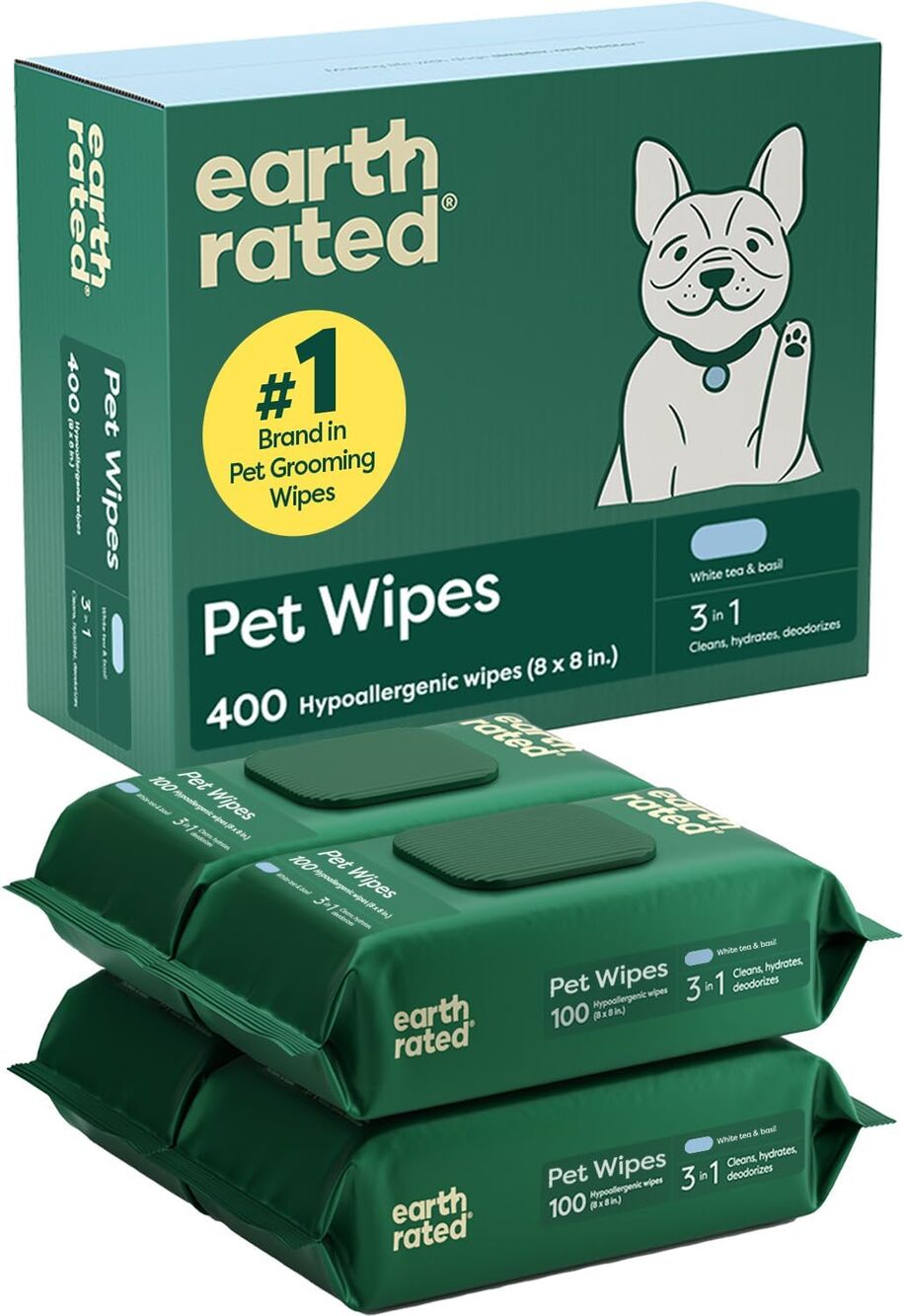 Earth Rated Pet Wipes, 3-in-1 Clean, Deodorize and Hydrate, White Tea Basil, 400
